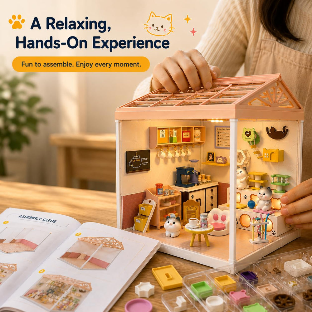 Load image into Gallery viewer, Cat Cafe Miniature Kit | Cute Mini DIY Dollhouse with LED Light