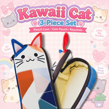 Load image into Gallery viewer, Cat Pencil Case Set | 3 Piece Kawaii Kitty Pouch Set with Coin Purse &amp; Keychain