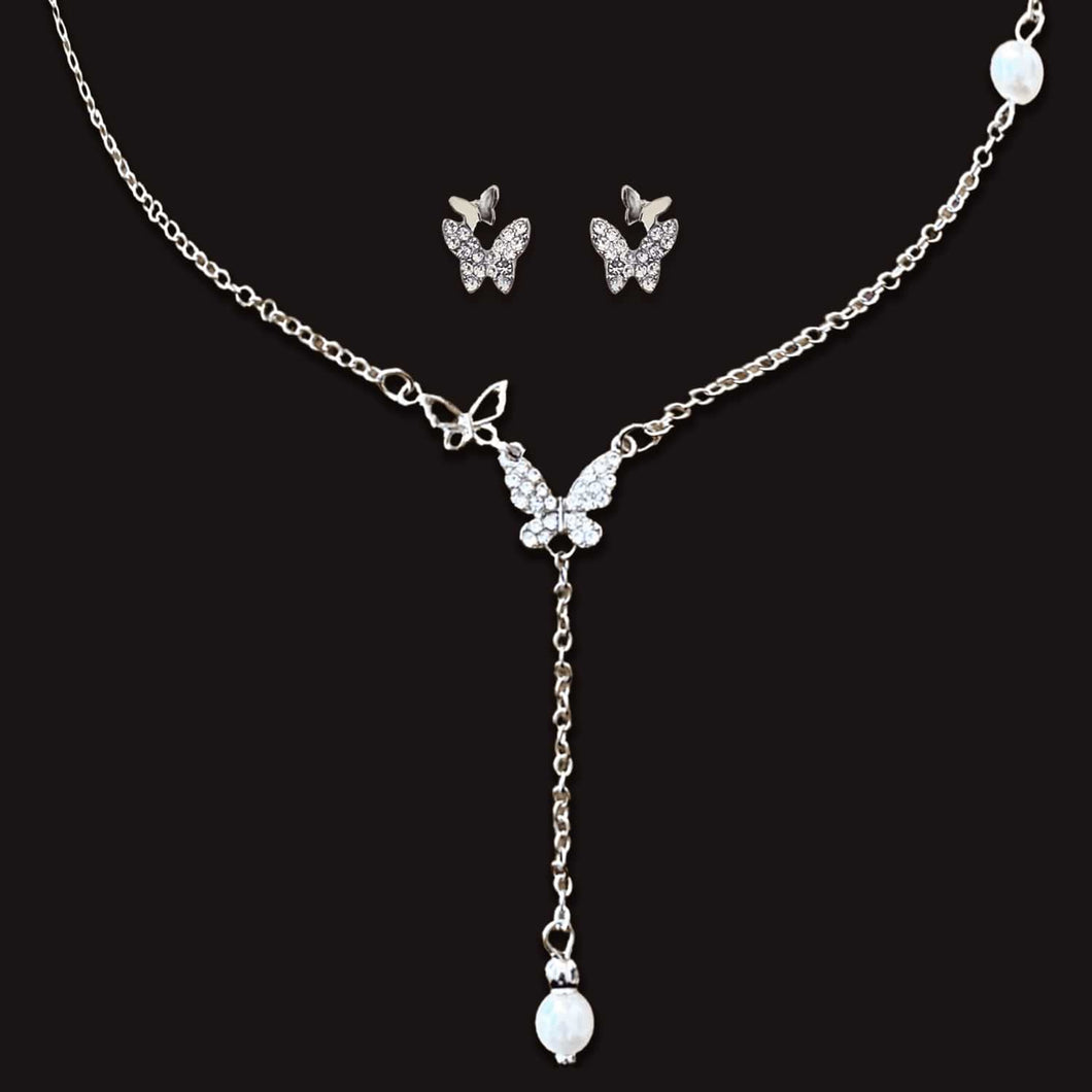 Butterfly Jewelry Set - Silver Pearl Necklace Earrings