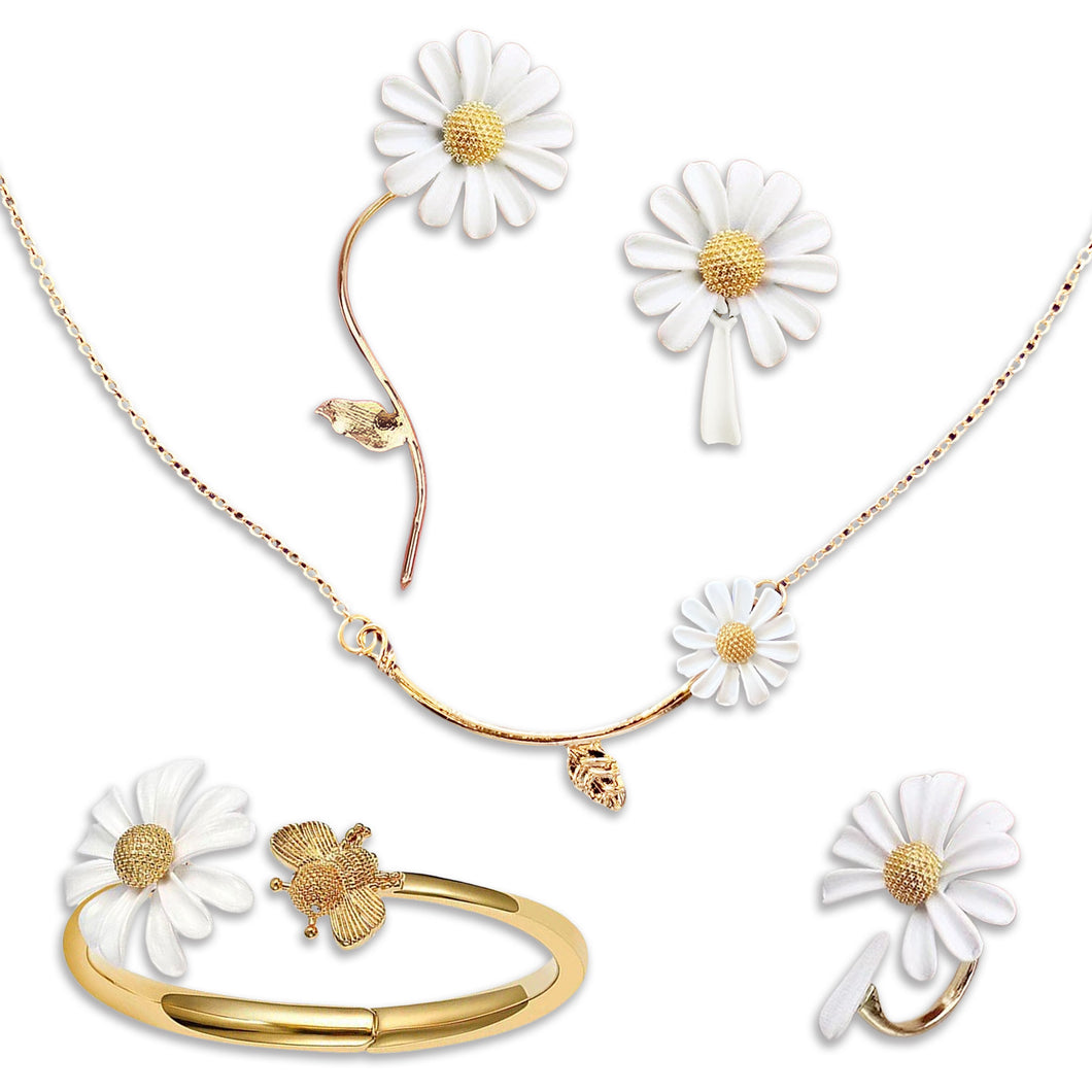 Cute Daisy Jewelry Set - Necklace Earrings Bracelet Ring