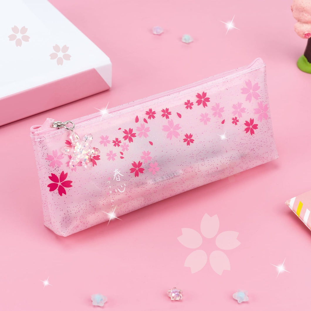 BelugaDesign Sakura Pencil Pouch - Cute Anime Pink Clear Glitter Pastel Kawaii for Stationary Pens School