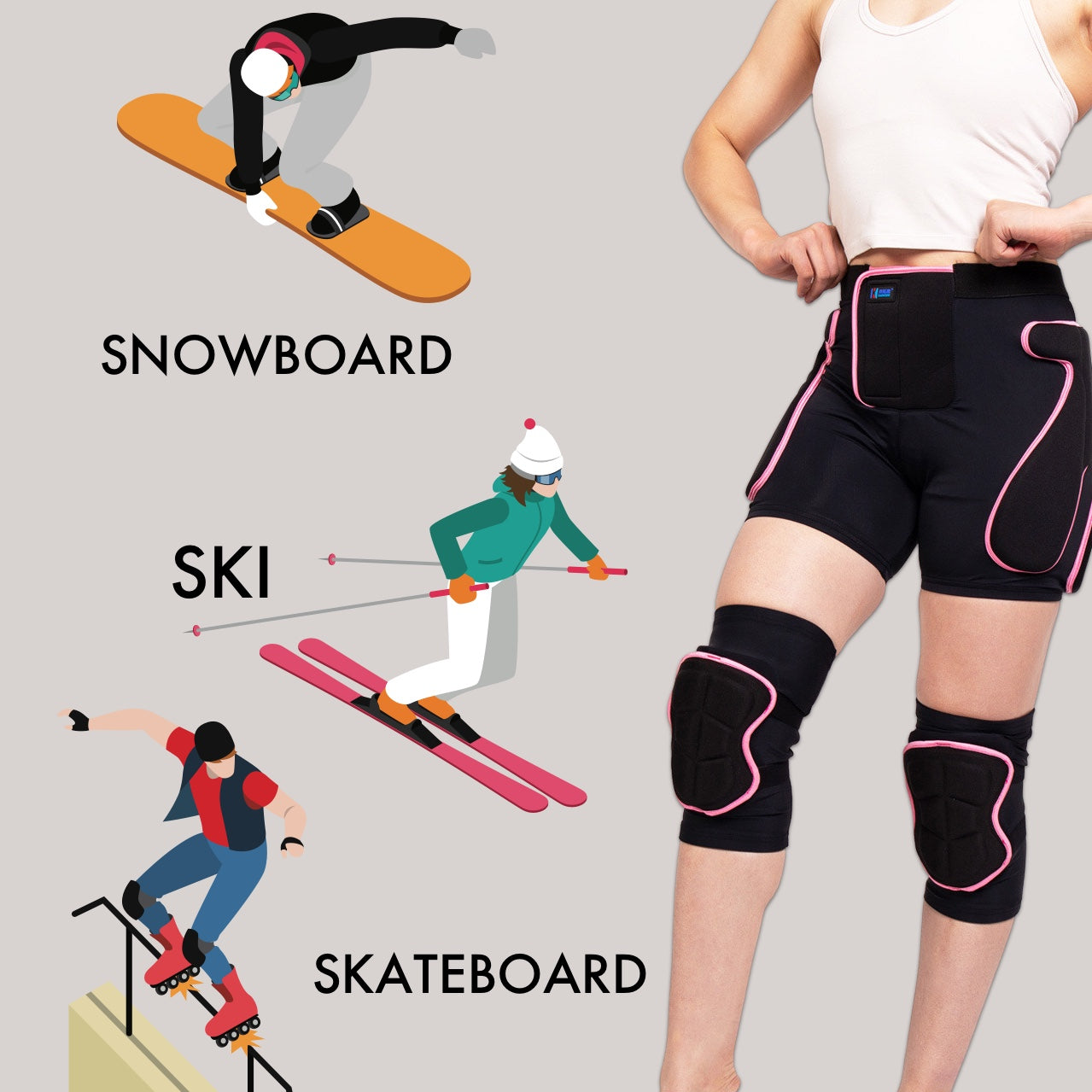 BelugaDesign Women's Winter Sports 3D Impact Pad Set - Adjustable Padded Shorts For Skiing & Snowboarding, Protects Hips & Knees